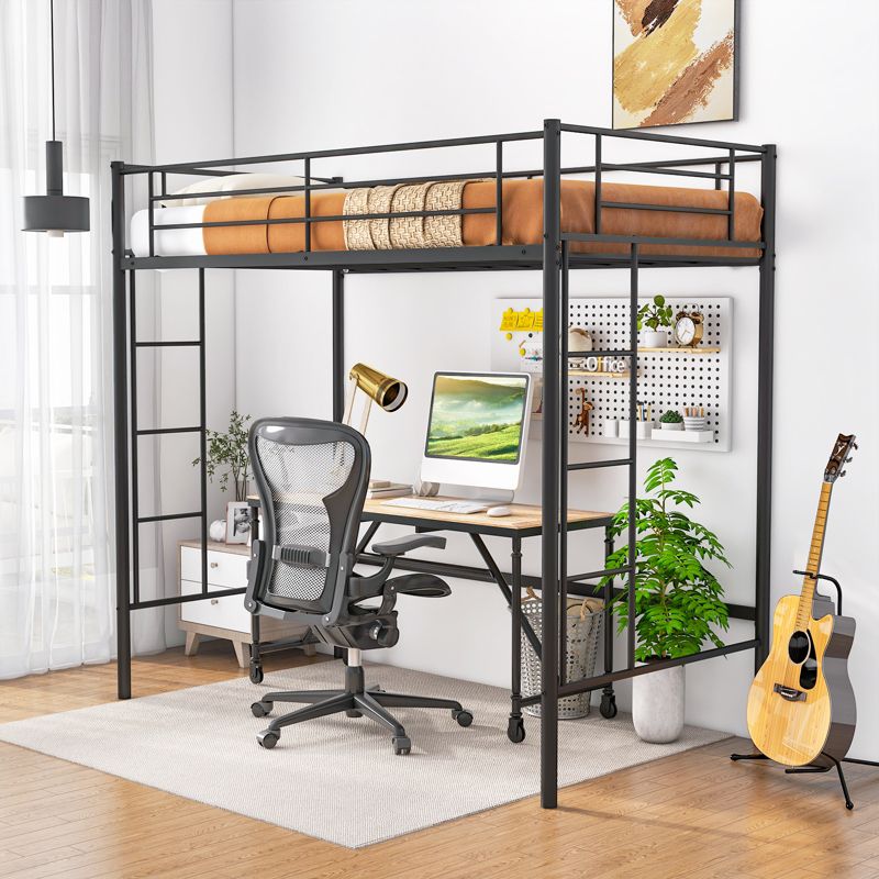 Costway Twin Size Loft Bed Heavy Duty Metal Loft Bed Frame with Safety Guardrail Silver/White/Black, 5 of 11