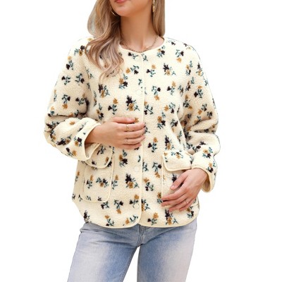 INSPIRE CHIC Women's Vintage Floral Print Winter Warm Long Sleeve Faux Shearling Collarless Button Down Fleece Jacket