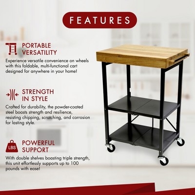 Black Foldable Kitchen Island Cart with Wood Top