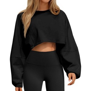 Comfort Cropped Sweatshirt with Long Balloon Sleeves Loose Fit Crew Neck Casual Workout Top - 1 of 4