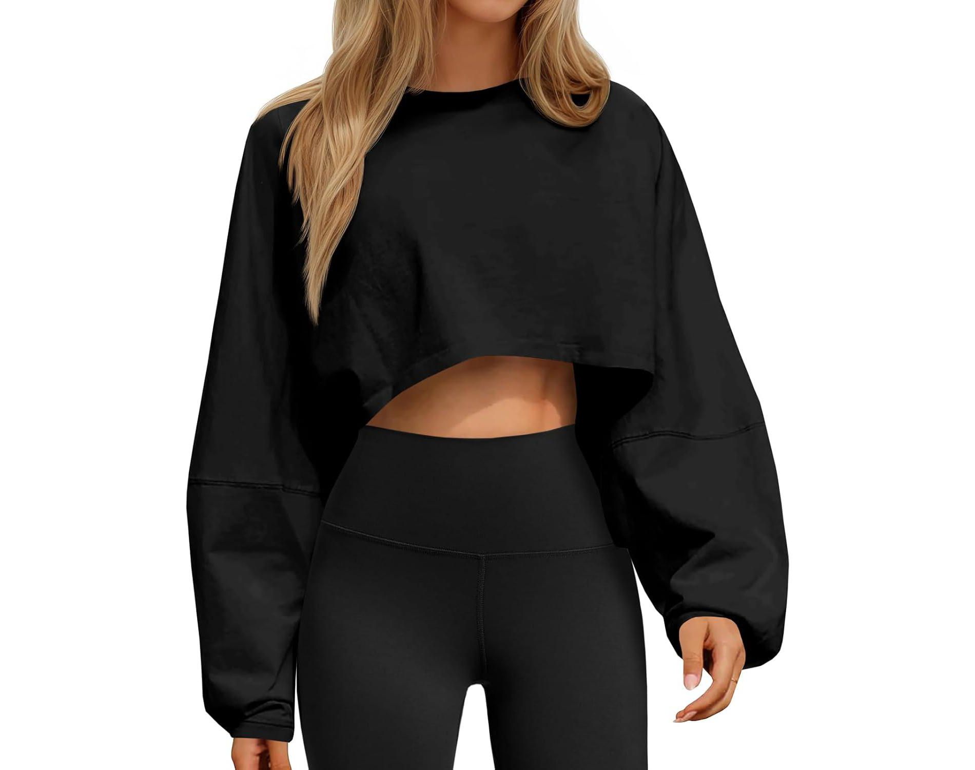 Comfort Cropped Sweatshirt with Long Balloon Sleeves Loose Fit Crew Neck Casual Workout Top