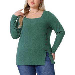 Agnes Orinda Women's Plus Size Button Square Neck Long Sleeve Casual Tunic Blouse - 1 of 4