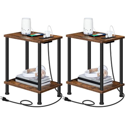 Side Table with Charging Station, End Table with USB Ports and Outlet, Nightstand with 2-Layer Storage Shelves
