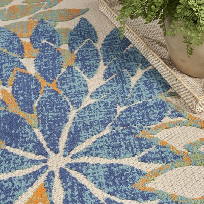 Blue Green Floral Synthetic Indoor Outdoor Rug, 5' x 7'