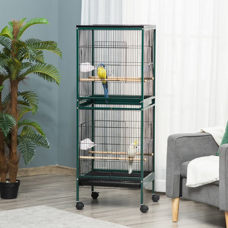 PawHut 55" 2 In 1 Bird Cage Aviary Parakeet House for finches, budgies with Wheels, Slide-out Trays, Wood Perch, Food Containers, 3 of 7