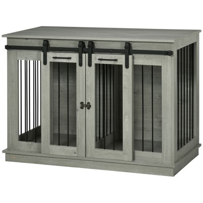 Large Gray Wood and Metal Dog Crate Table with Divider