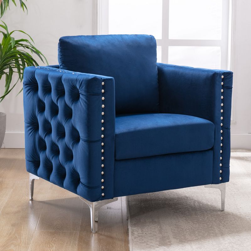 Modern Velvet Armchair Tufted Button Accent Club Chair with Steel Legs-ModernLuxe, 1 of 11