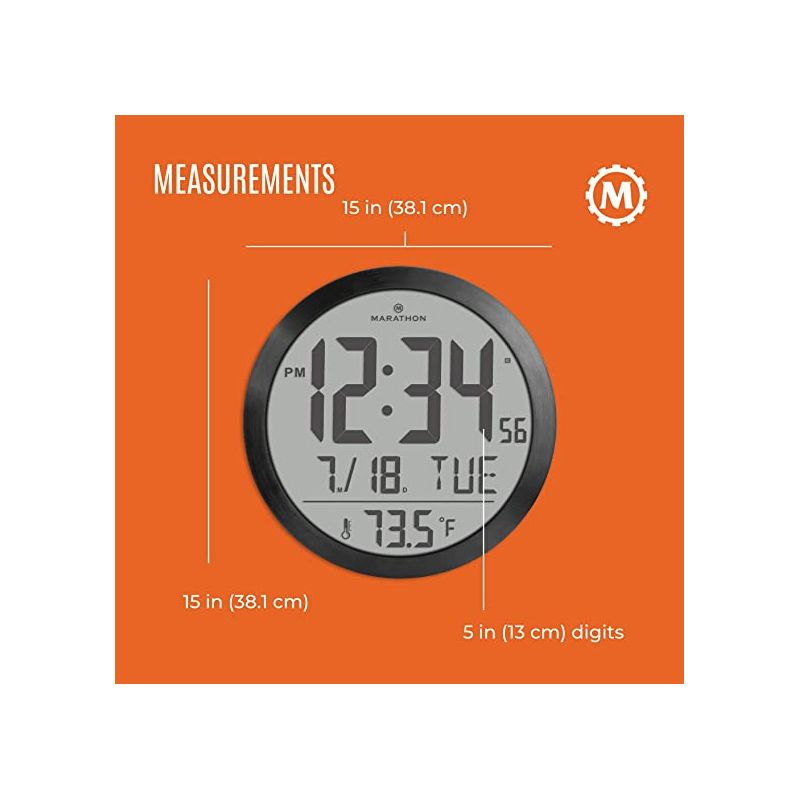 Marathon 15 Inch Round Sleek & Stylish Digital Wall Clock Full Calendar Display & Indoor Temperature, 5 of 7