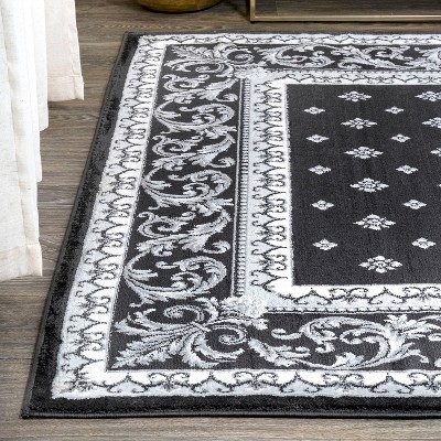 Black and Gray Synthetic Round French Border Area Rug