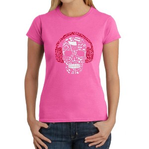 LA Pop Art Women's Word Art T-Shirt - Music Notes Skull - 1 of 4