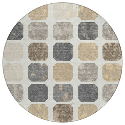 HomeRoots 8' Ivory Beige And Charcoal Round Geometric Washable Indoor Outdoor Area Rug