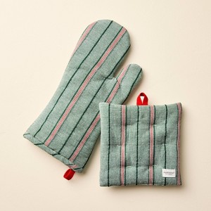 2pc Oven Mitten and Potholder Set Green/Red Stripe - Hearth & Hand™ with Magnolia - 1 of 3