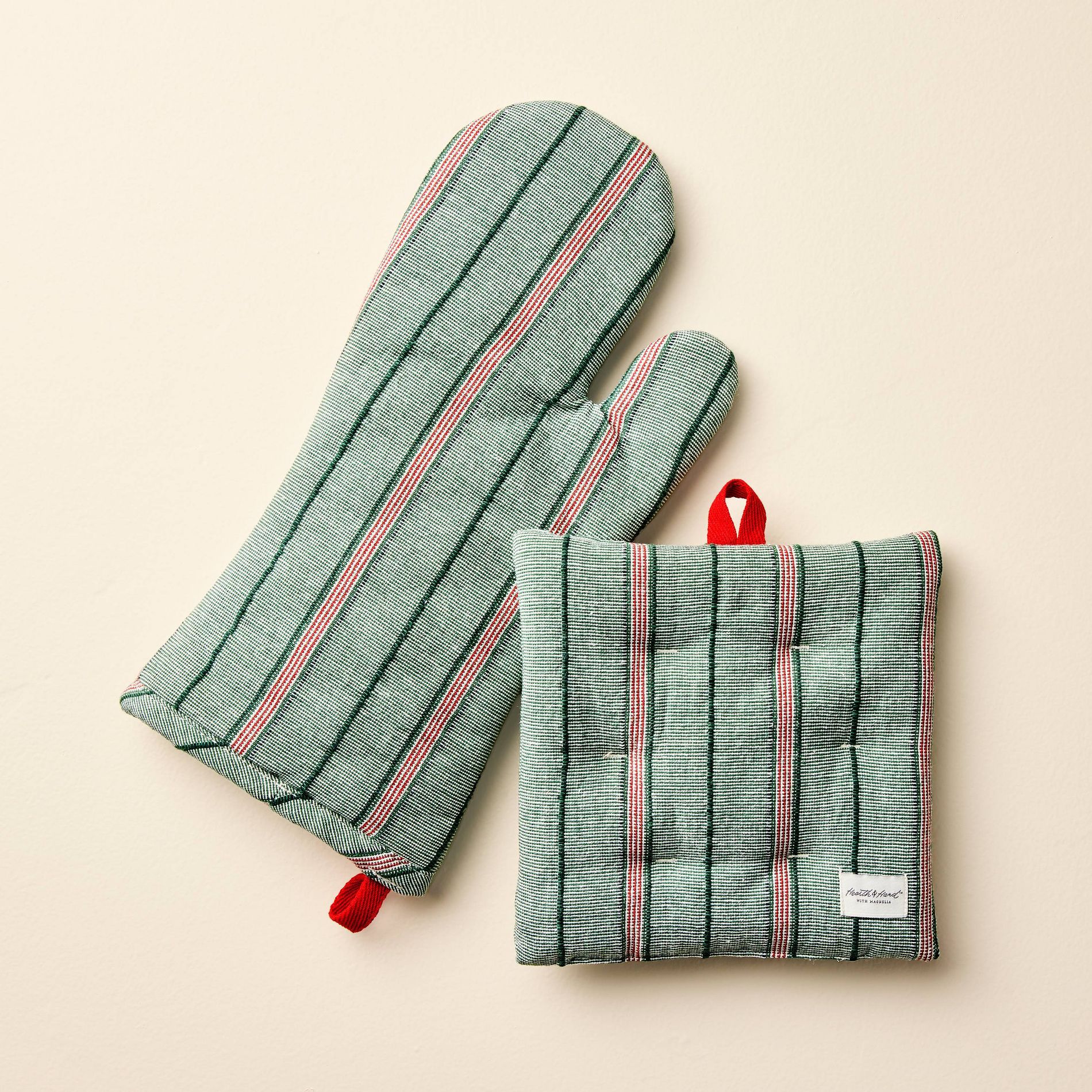 2pc Oven Mitten and Potholder Set Green/Red Stripe - Hearth & Hand™ with Magnolia