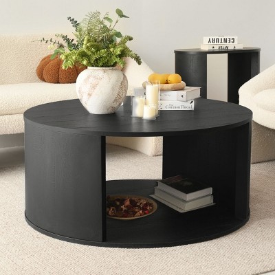 40'' Round Coffee Table with Storage Shelf, Large Low Table with Double Pedestal Base for Living Room-Maison Boucle