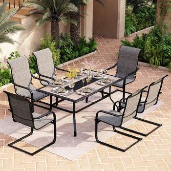 7pc Patio Dining Set with Rectangular Table with Umbrella Hole & C-Spring Motion Chairs - Captiva Designs