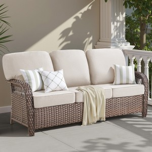 Buenhomino High Back Outdoor Wicker Patio Sofa with 5" Thick Cushion, All Weather Wicker Furniture 3-Seater Sofa Patio Couch for Porch - 1 of 4