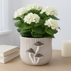 Handcrafted Cement Planter with Textured Tree Trunk Design and Mushroom Accents - Decorative Pot for Indoor and Outdoor Spaces - 1 of 4