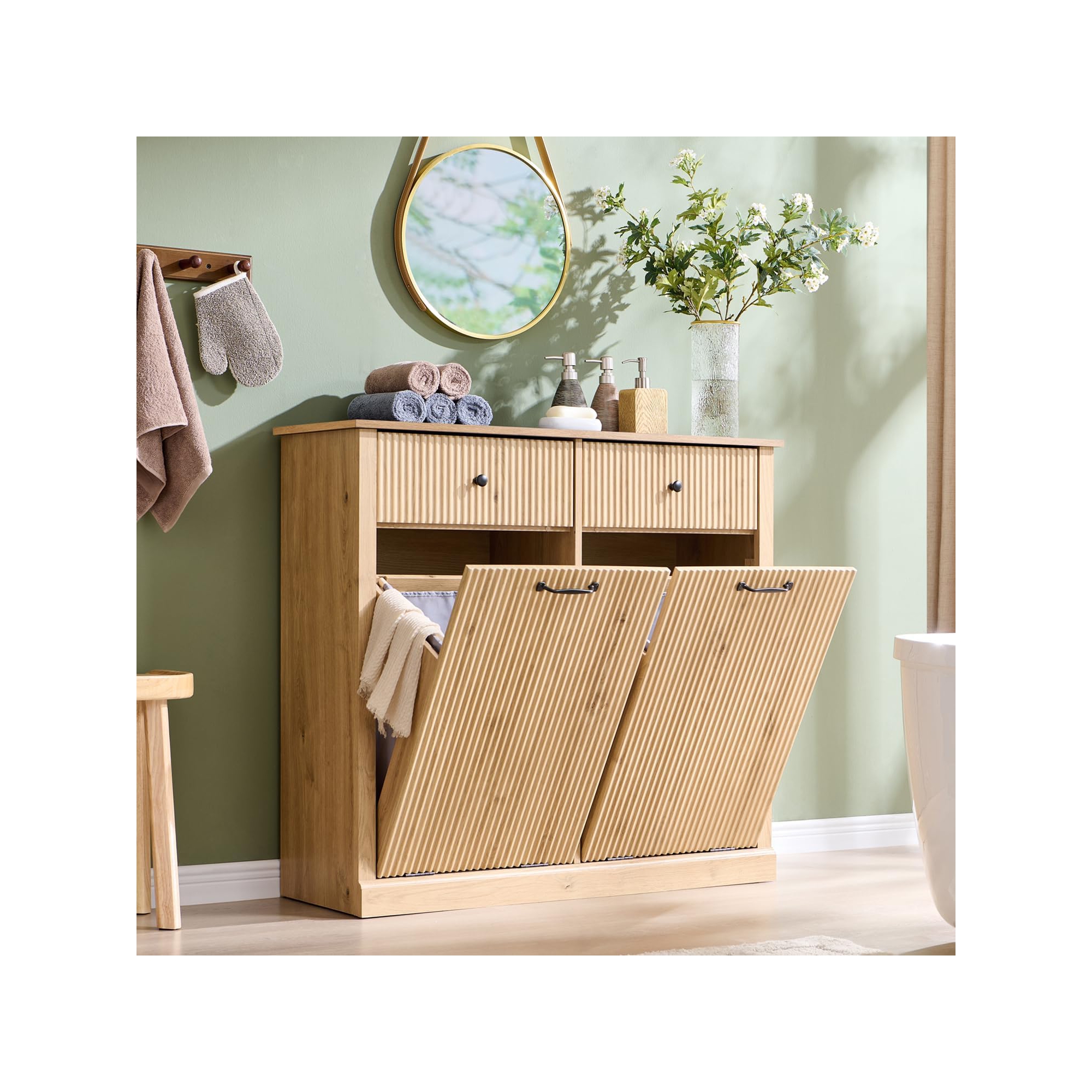 Double Tilt Out Laundry Hamper, 20 Gallon Laundry Storage Cabinet with 2 Drawers, Hidden Hamper Organizer with Laundry Basket for Bathroom, Natural