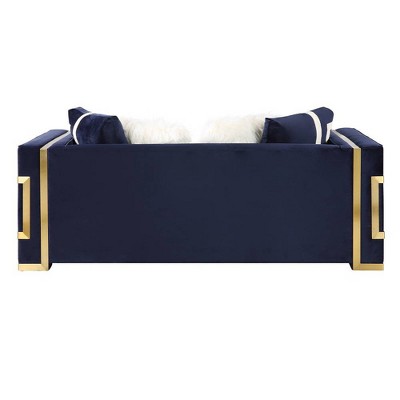 80" Blue Velvet Loveseat with Gold Metal Trim