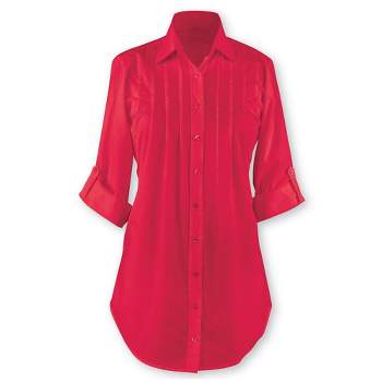 Collections Etc Pintuck and Pleated Button Front Tunic Top with Roll-Tab Sleeves, Great for Everyday Wear