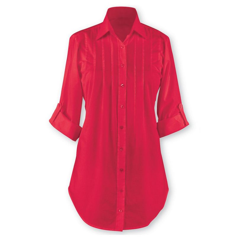 Collections Etc Pintuck and Pleated Button Front Tunic Top with Roll-Tab Sleeves, Great for Everyday Wear, 1 of 4