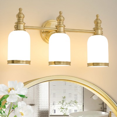 POWLIG 19.88-in 3-Light Vintage Courtly Gold Bathroom Vanity Light with Frosted Milk Glass Shade
