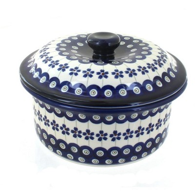 Blue Rose Polish Pottery Flowering Peacock Round Baker w/ Lid