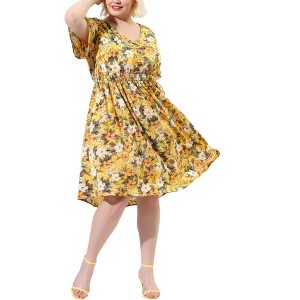 Agnes Orinda Women's Plus Size V Neck Floral Smocked Beach Summer Midi Empire Waist Dresses - 1 of 4