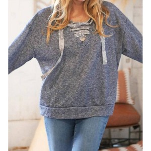 Women's Cotton Terry Floral Lace Up Bubble Sleeve Pullover - Sugarfox - 1 of 3
