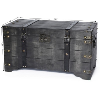 Distressed Black Medium Wooden Storage Trunk with Faux Leather Straps