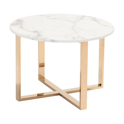 Modern 24" Round Faux Marble and Stainless Steel End Table - Gold - ZM Home