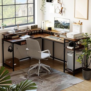 Nasitip 68" L-Shaped Gaming Desk with LED Lights, Monitor Stand, Power Outlets & File Drawer, Grey Oak Home Office Computer Desk - 1 of 4