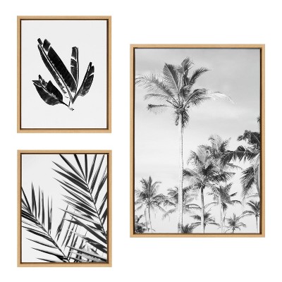 Natural Framed Black and White Coastal Palm Tree Canvas Art Set