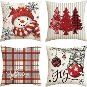 Winter Snowman Buffalo Plaid Pillow Covers Set of 4, 18x18 Inch Red Christmas Throw Cushion Cases for Sofa Couch Holiday Decor - 1 of 2