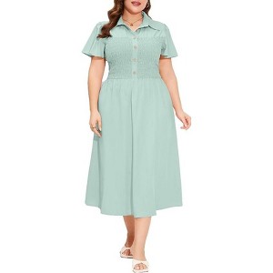 Women's Plus Size Dress Summer Button Down Smocked Midi Dress Short Sleeve Sundress - 1 of 1