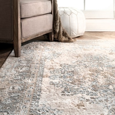 Silver and Beige Oriental Synthetic 4' x 6' Area Rug