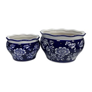 Sagebrook Home 2pc Chinoisere Ceramic Indoor Outdoor Planter Pots Blue/White: Hand-Painted, Rust-Resistant, No Assembly Required - 1 of 4