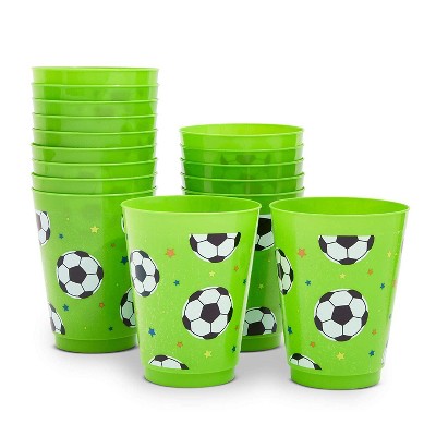 Blue Panda 16 Packs Soccer Ball Themed Reusable Plastic Cups for Kids Birthday Party Parties Supplies, Green