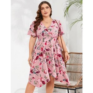 Women's V - Neck Floral Dress with Asymmetric Hem, Short - Sleeve Flowy Midi Dress for Casual & Summer Outings - 1 of 4