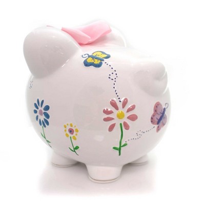 White Ceramic Piggy Bank with Flowers and Butterflies