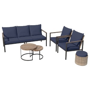 YARDSIGHT 5-Piece Outdoor Conversation Set with 3-Seat Sofa, 2 Armchairs, Ottoman, and Nesting Tables ¨C Blue Cushions & Handwoven Rattan - 1 of 4