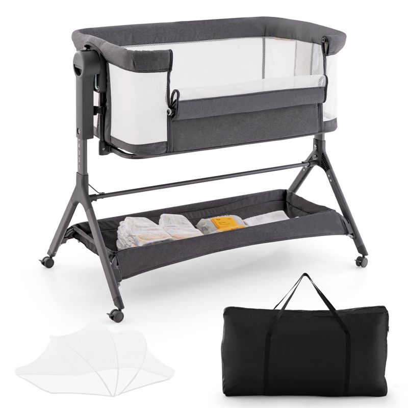Babyjoy Height Adjustable Bedside Sleeper Easy Folding Baby Crib with Storage Bag Gray/Pink, 1 of 11