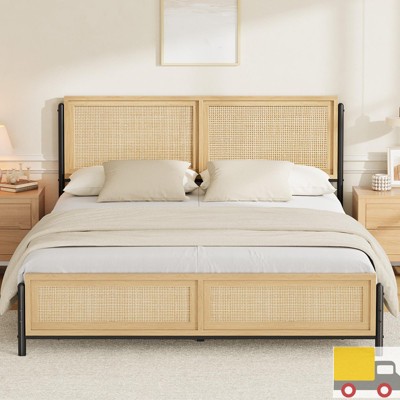 Garvee Rattan Bed Frame with Headboard & Footboard, Boho Style Platform Bed, No Box Spring Needed, Sturdy Steel Slats & Under-Bed Storage