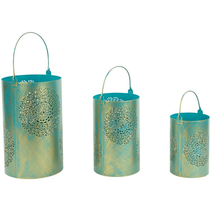 Northlight Set of 3 Turquoise and Gold Floral Laser-Cut Pillar Candle Lanterns, 4 of 8