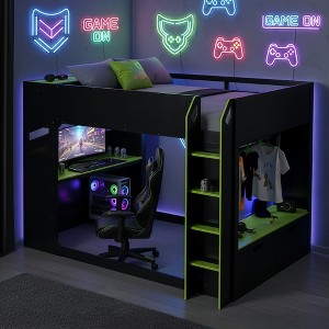 Polibi Full Size Gaming Loft Bed with Adjustable Desk, RGB Lights, and Storage - 1 of 4