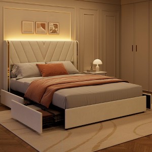 Queen Size Velvet Upholstered Platform Bed Frame ¨C 4 Storage Drawers, RGB LED Lights & Wingback Headboard, No Box Spring Needed - 1 of 4