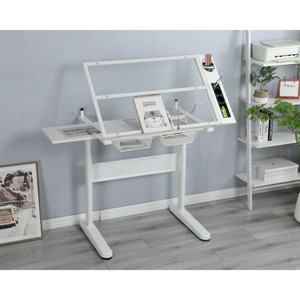 NicBex Home Office Desks Standing Desk Adjustable Height Drafting Glass Desk with Adjustable Desktop, Storage Drawers and 1 Chair for Study, White - 1 of 4