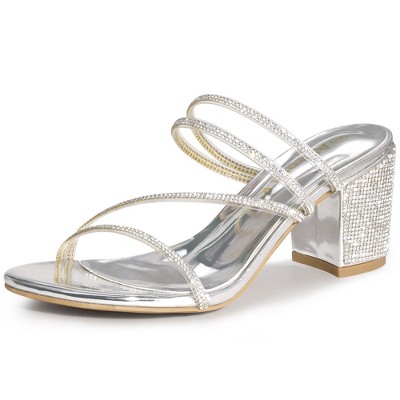 Allegra K Women's Rhinestone Instep Strap Block Heel Slide Sandals