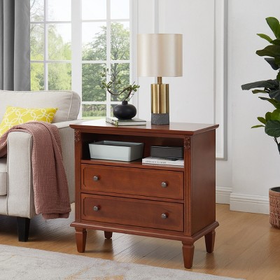 Farmhouse Nightstand with Charging Station,Fluted Design End Table with Open Shelf & 2 Drawers for Bedroom Living Room-Baofuwish