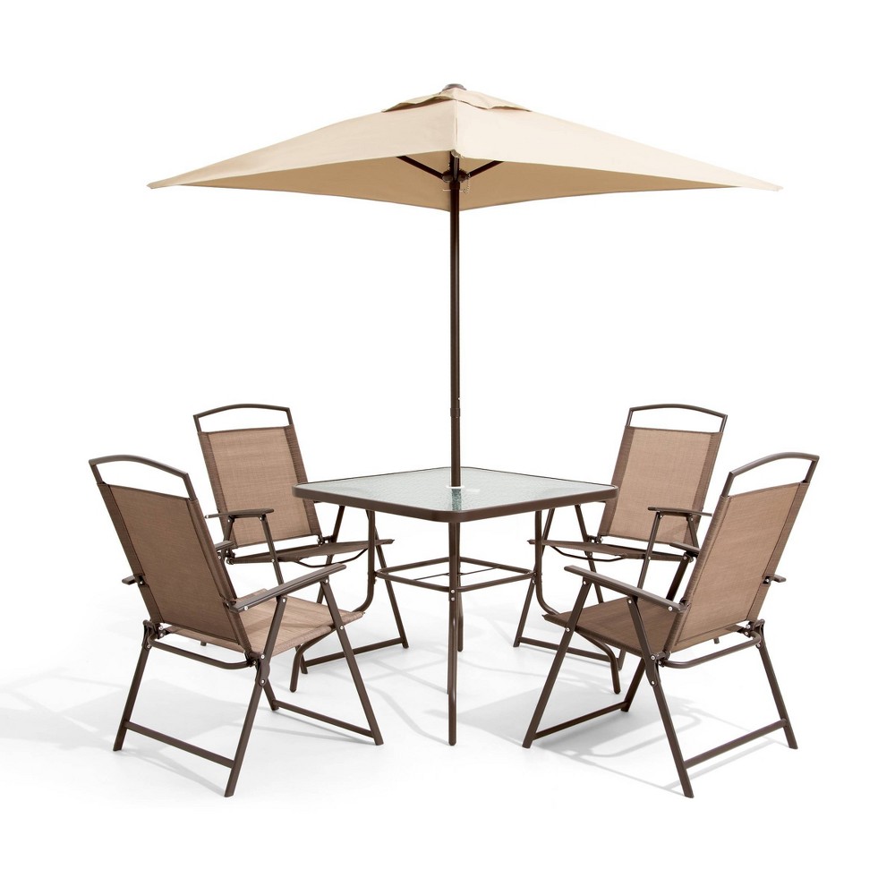 6pc Patio Dinning Set with 4 Folding Chairs Glass Table and Tan Umbrella without Base Brown – Crestlive Products For Sale